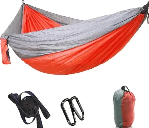 Lightweight Nylon Hammock for Camping Travel, Easy Fixing with Tree Strap, Strong 200kg Loading Capacity, Sturdy and Breathable for Outdoor Relaxing Experience (Grey red)