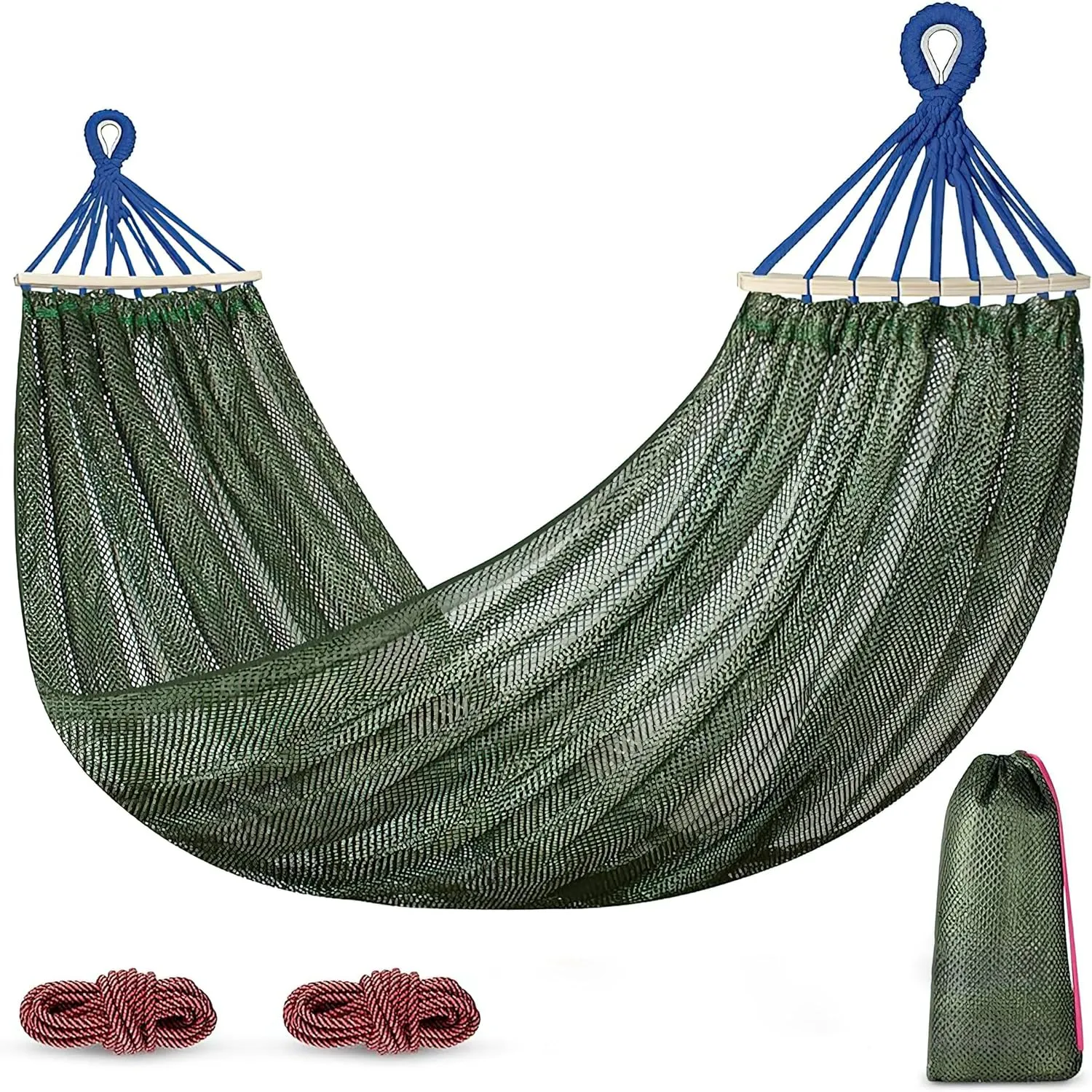Load Bearing Camping Hammock - Breathable 600 lbs - Durable Canvas with Anti-Roll Beam and Metal Straps for Outdoor Use (Green, Widths 51In)