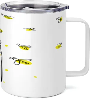 Lunarable Firefly 10 Oz Steel Mug, Hand Drawn Yellow Spotted Fireflies Flying Around a Jar Design, Vacuum Insulated Leak-resistant Cup for Outdoor Hiking and Picnics, Black Umber and Yellow