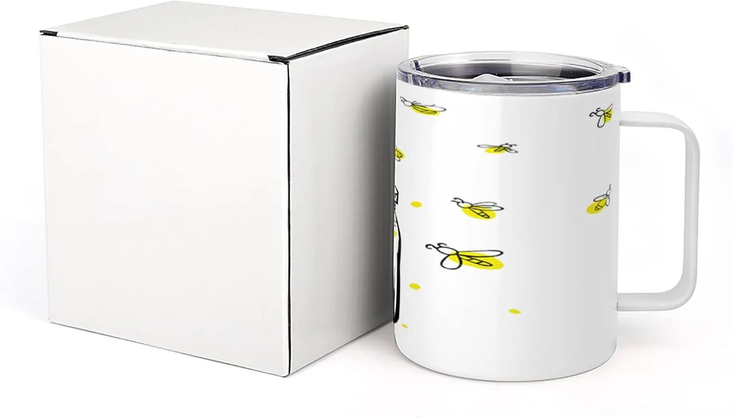 Lunarable Firefly 10 Oz Steel Mug, Hand Drawn Yellow Spotted Fireflies Flying Around a Jar Design, Vacuum Insulated Leak-resistant Cup for Outdoor Hiking and Picnics, Black Umber and Yellow