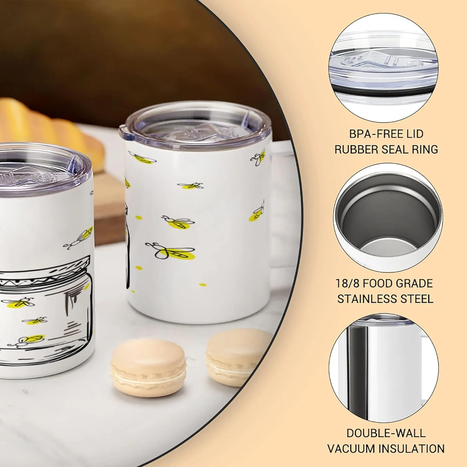 Lunarable Firefly 10 Oz Steel Mug, Hand Drawn Yellow Spotted Fireflies Flying Around a Jar Design, Vacuum Insulated Leak-resistant Cup for Outdoor Hiking and Picnics, Black Umber and Yellow