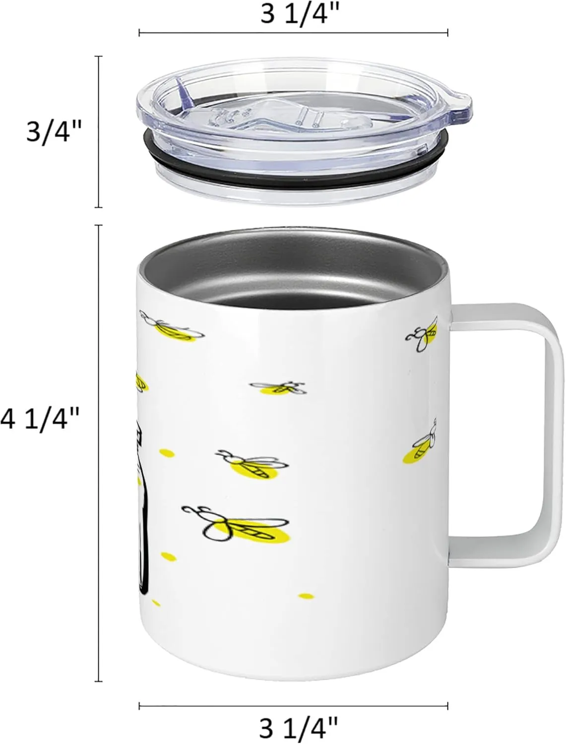 Lunarable Firefly 10 Oz Steel Mug, Hand Drawn Yellow Spotted Fireflies Flying Around a Jar Design, Vacuum Insulated Leak-resistant Cup for Outdoor Hiking and Picnics, Black Umber and Yellow
