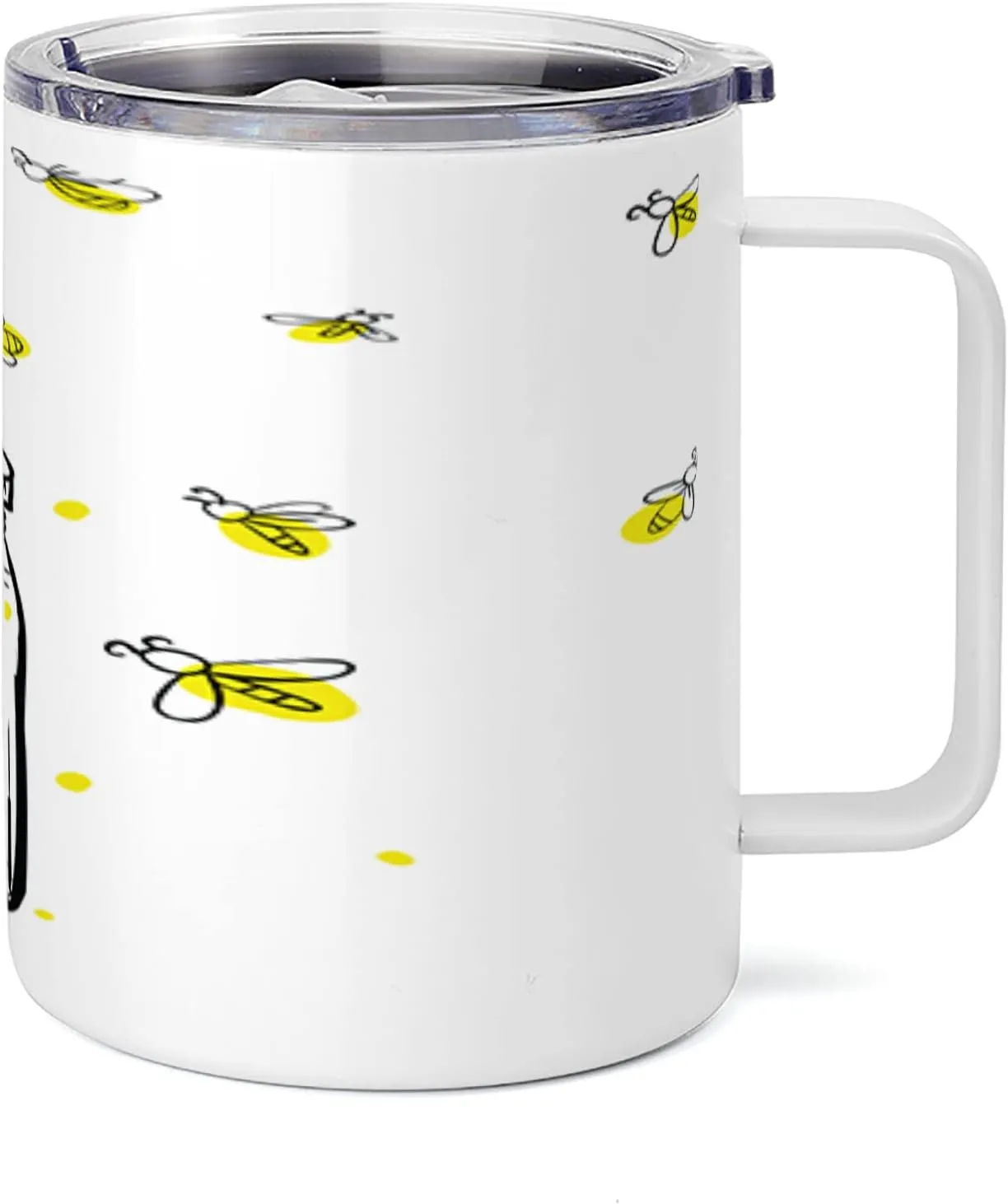 Lunarable Firefly 10 Oz Steel Mug, Hand Drawn Yellow Spotted Fireflies Flying Around a Jar Design, Vacuum Insulated Leak-resistant Cup for Outdoor Hiking and Picnics, Black Umber and Yellow