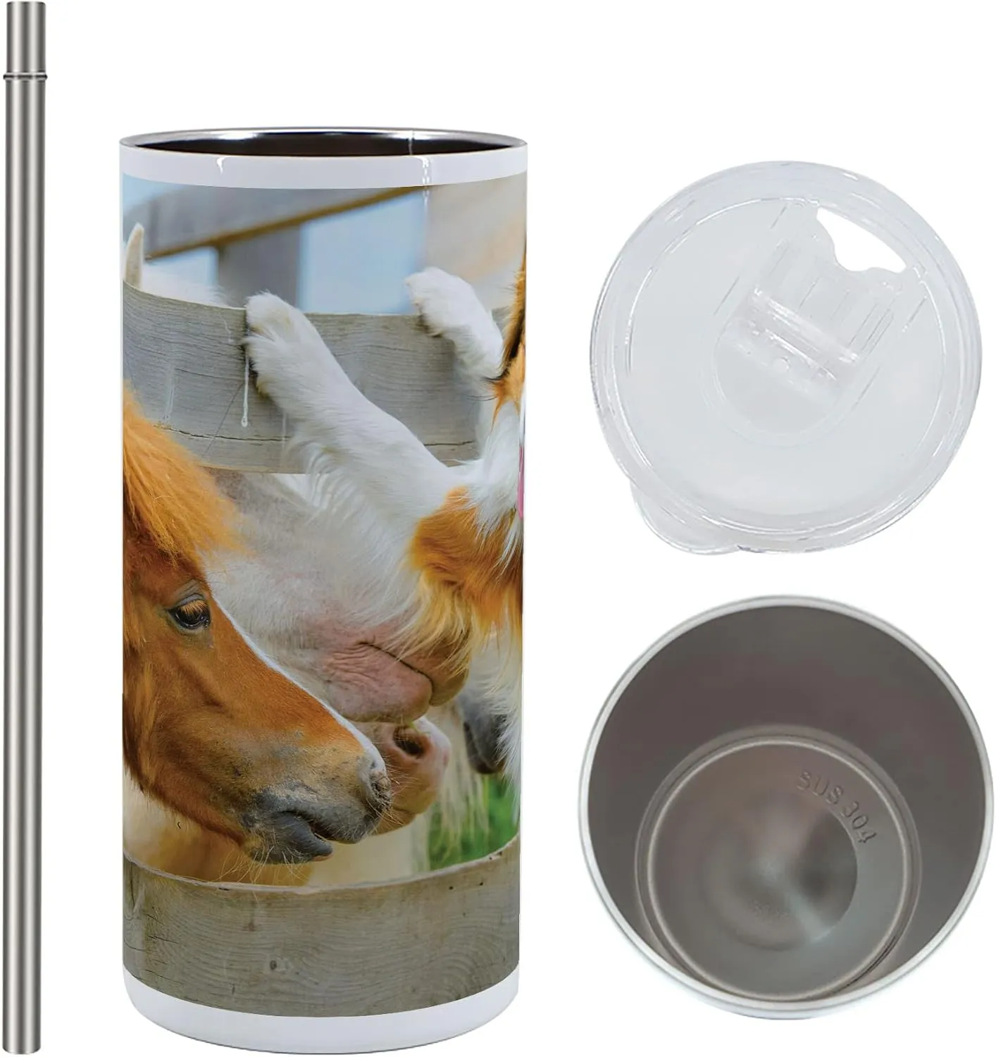 Lunarable Nature 12 Oz Skinny Tumbler, Pony and Border Collie Dog are Dating Friendship Companionship Themed Nature, Vacuum Insulated Travel Canteen Cup Leakproof for Travel Picnic, Amber Tan Grey