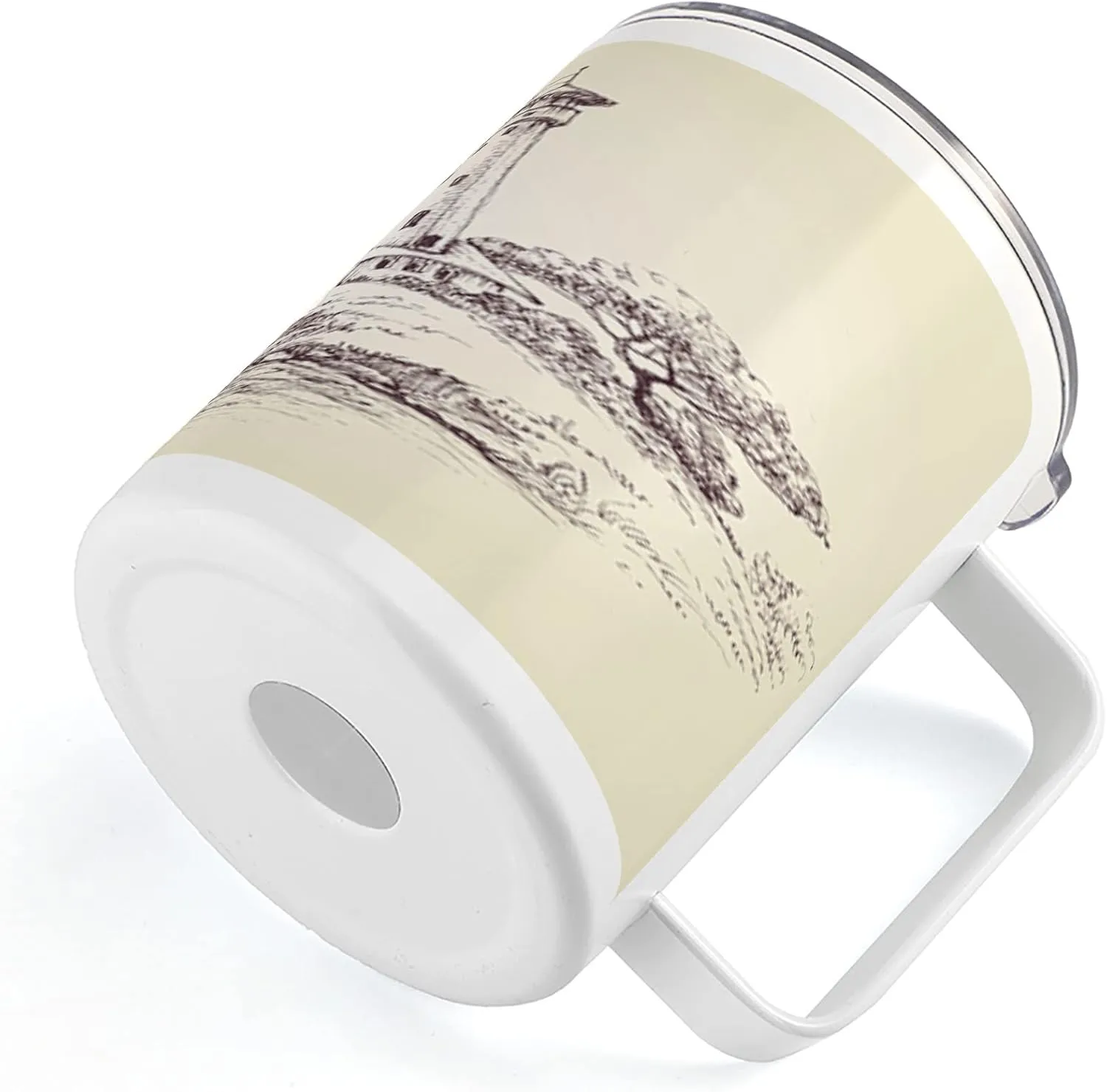 Lunarable Sketchy 10 Oz Steel Mug, Lighthouse over Cliff and Sailboat in Ocean Idyllic Voyage Seascape Coastal Theme, Vacuum Insulated Leak-resistant Cup for Outdoor Hiking and Picnics, Beige Brown
