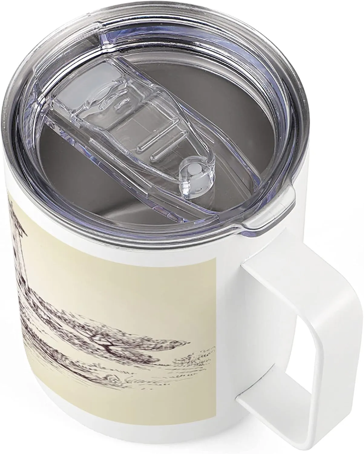Lunarable Sketchy 10 Oz Steel Mug, Lighthouse over Cliff and Sailboat in Ocean Idyllic Voyage Seascape Coastal Theme, Vacuum Insulated Leak-resistant Cup for Outdoor Hiking and Picnics, Beige Brown