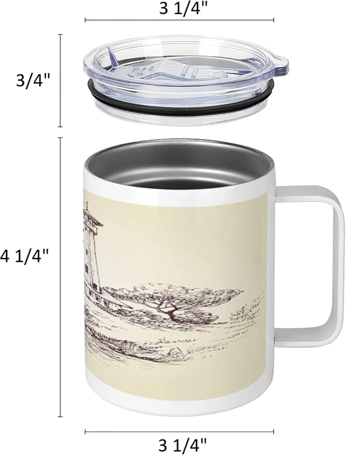 Lunarable Sketchy 10 Oz Steel Mug, Lighthouse over Cliff and Sailboat in Ocean Idyllic Voyage Seascape Coastal Theme, Vacuum Insulated Leak-resistant Cup for Outdoor Hiking and Picnics, Beige Brown