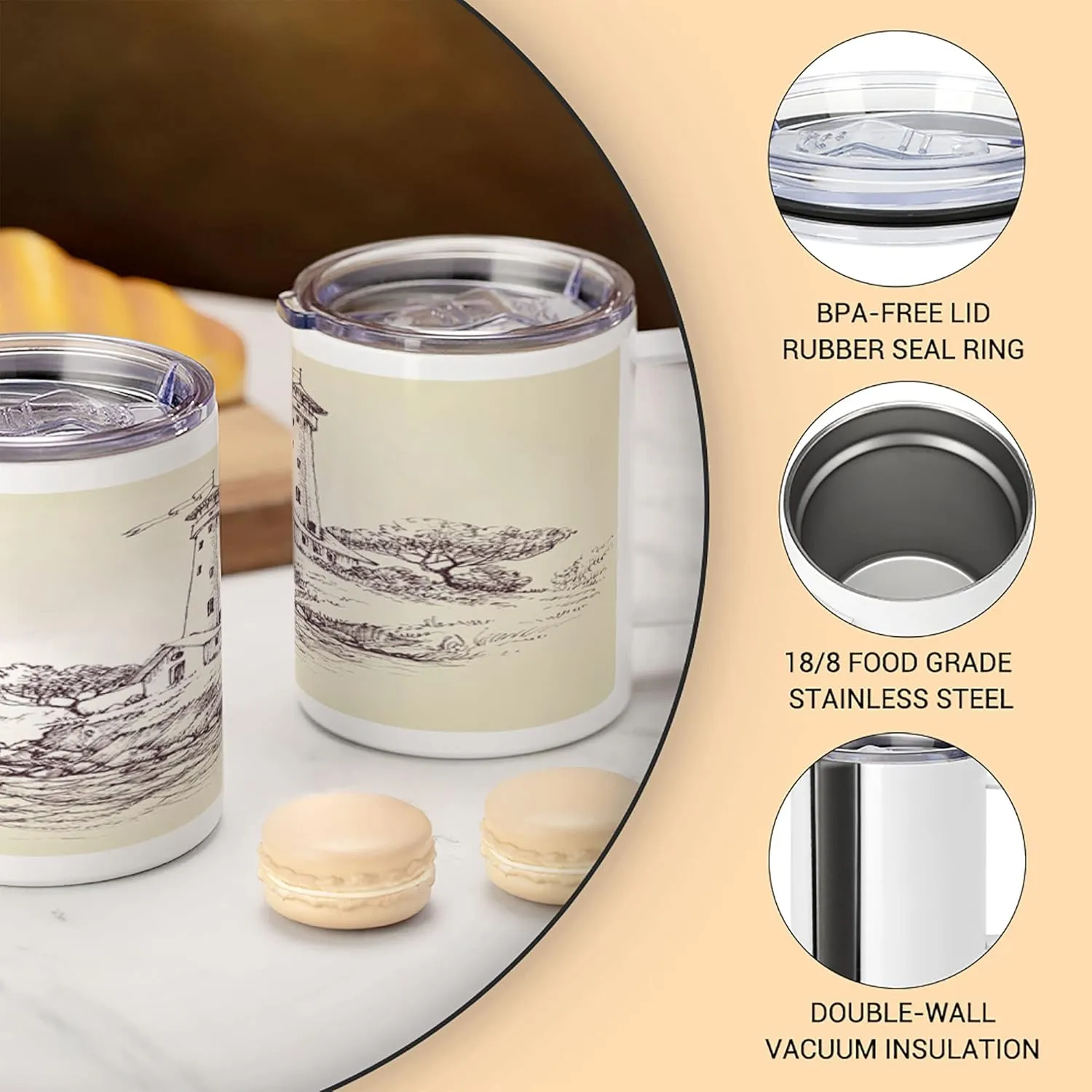 Lunarable Sketchy 10 Oz Steel Mug, Lighthouse over Cliff and Sailboat in Ocean Idyllic Voyage Seascape Coastal Theme, Vacuum Insulated Leak-resistant Cup for Outdoor Hiking and Picnics, Beige Brown