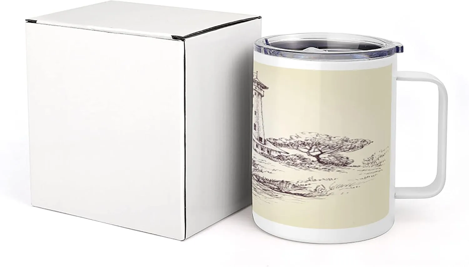 Lunarable Sketchy 10 Oz Steel Mug, Lighthouse over Cliff and Sailboat in Ocean Idyllic Voyage Seascape Coastal Theme, Vacuum Insulated Leak-resistant Cup for Outdoor Hiking and Picnics, Beige Brown