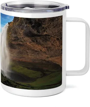 Lunarable Waterfall 10 Oz Steel Mug, Mountain Waterfalls on the Iceland Landmark Picture Summertime Wilderness Print, Vacuum Insulated Leak-resistant Cup for Outdoor Hiking and Picnics, Multicolor