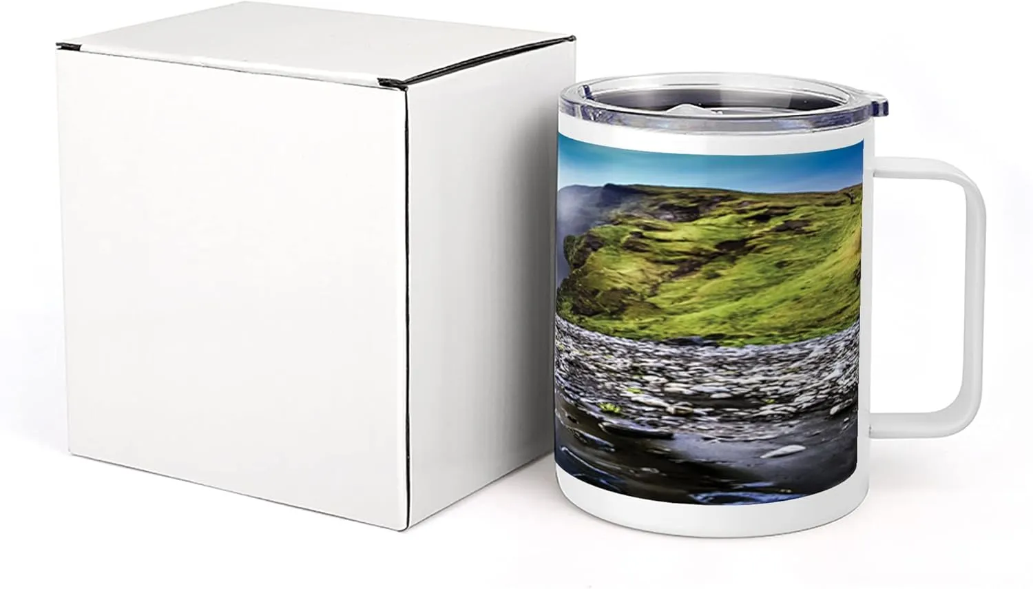 Lunarable Waterfall 10 Oz Steel Mug, Skogafoss Waterfall in Iceland Rocky River and Highlands in Evening, Vacuum Insulated Leak-resistant Cup for Outdoor Hiking and Picnics, Blue Green Dark Brown