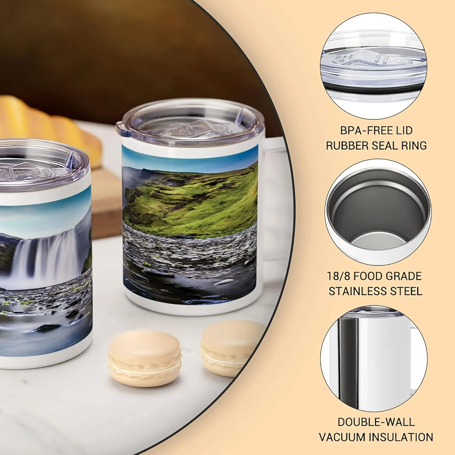 Lunarable Waterfall 10 Oz Steel Mug, Skogafoss Waterfall in Iceland Rocky River and Highlands in Evening, Vacuum Insulated Leak-resistant Cup for Outdoor Hiking and Picnics, Blue Green Dark Brown