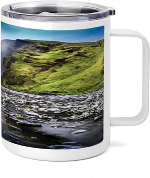 Lunarable Waterfall 10 Oz Steel Mug, Skogafoss Waterfall in Iceland Rocky River and Highlands in Evening, Vacuum Insulated Leak-resistant Cup for Outdoor Hiking and Picnics, Blue Green Dark Brown
