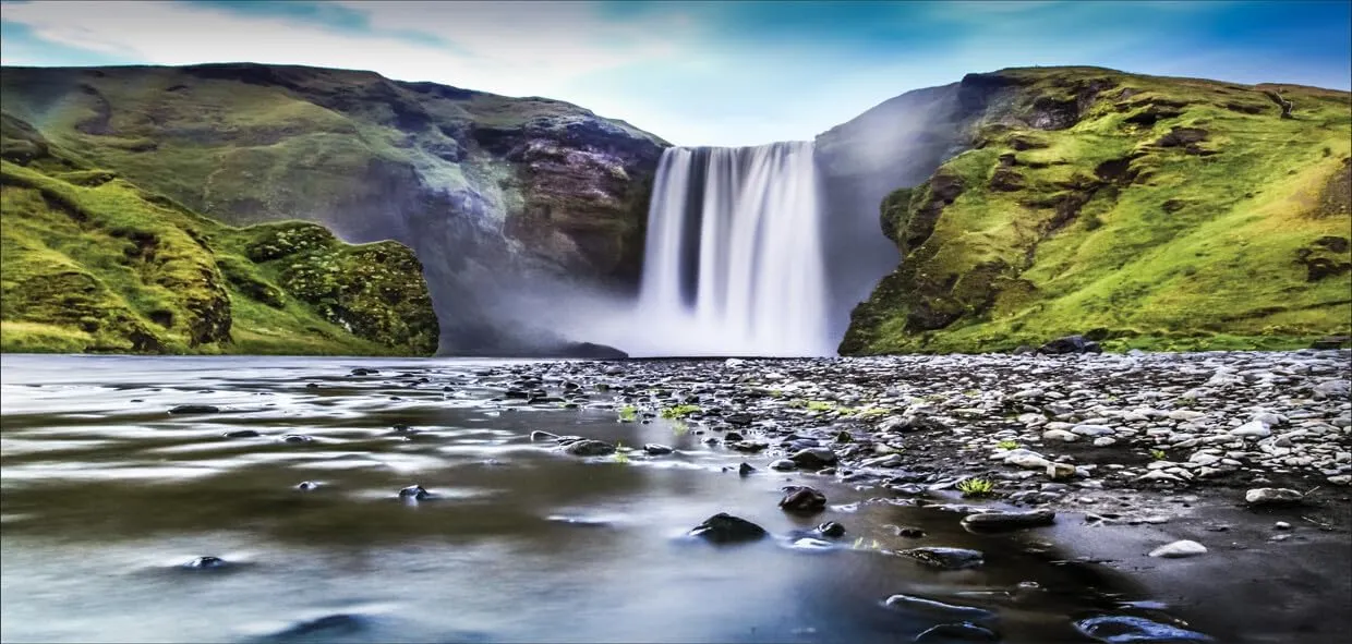 Lunarable Waterfall 10 Oz Steel Mug, Skogafoss Waterfall in Iceland Rocky River and Highlands in Evening, Vacuum Insulated Leak-resistant Cup for Outdoor Hiking and Picnics, Blue Green Dark Brown