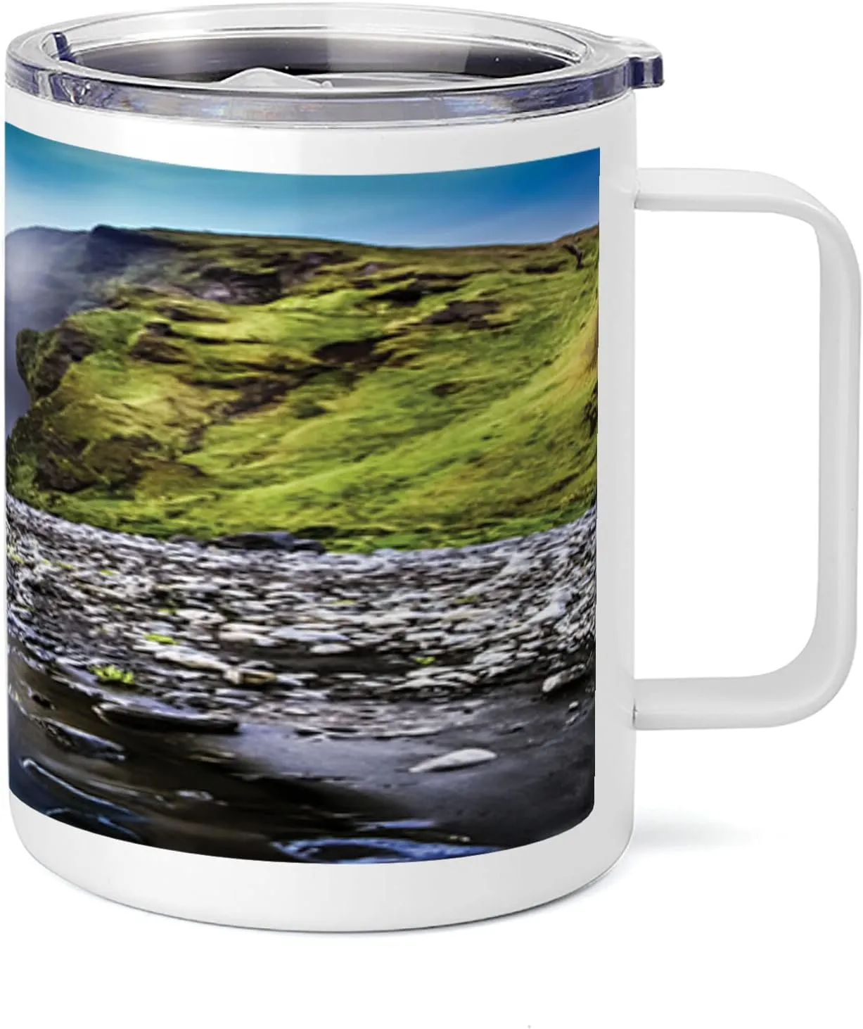 Lunarable Waterfall 10 Oz Steel Mug, Skogafoss Waterfall in Iceland Rocky River and Highlands in Evening, Vacuum Insulated Leak-resistant Cup for Outdoor Hiking and Picnics, Blue Green Dark Brown
