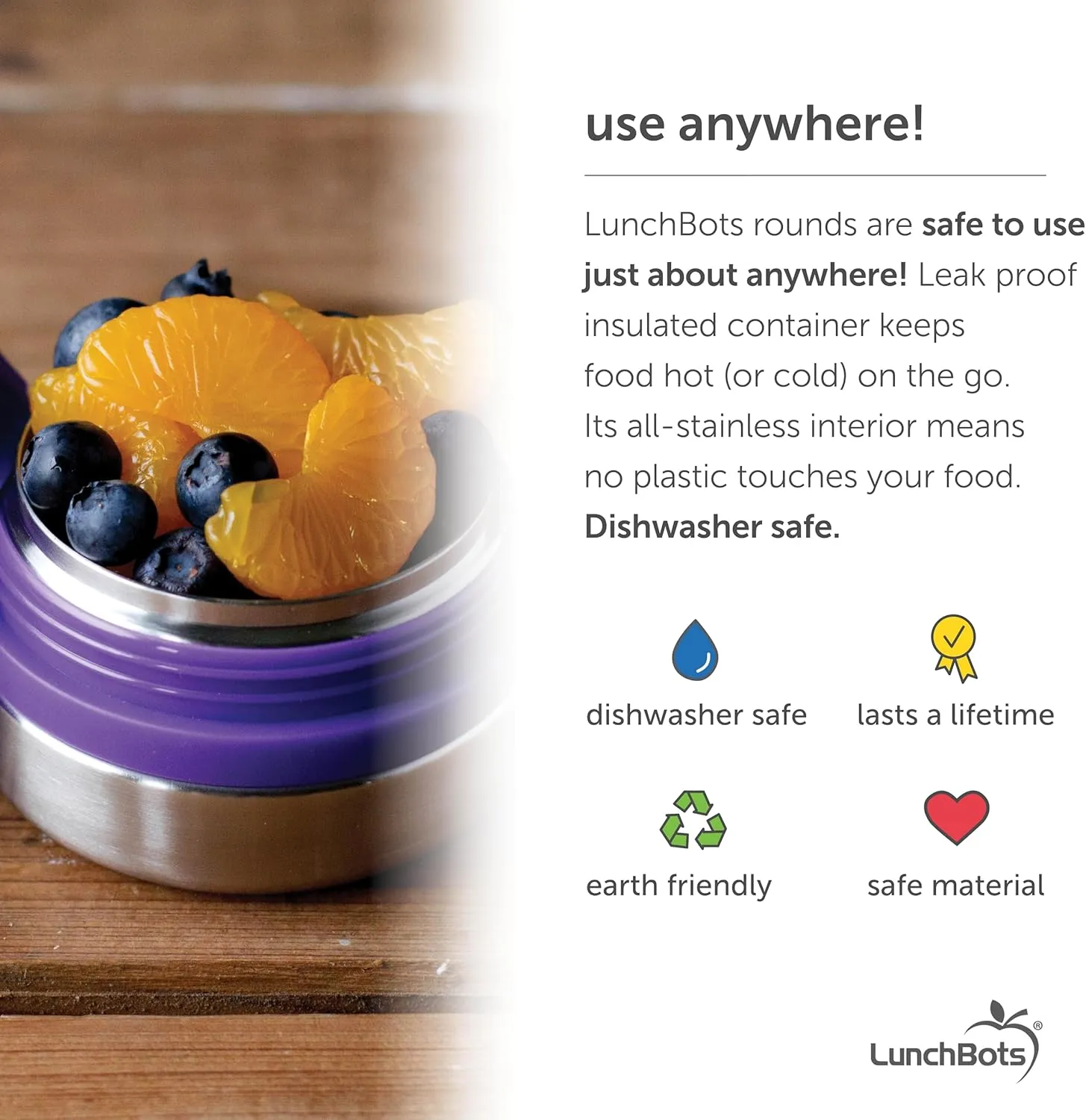 LunchBots Rounds Leak Proof 4 oz. Stainless Snack Container Jar, Set of 2, Blue Lid