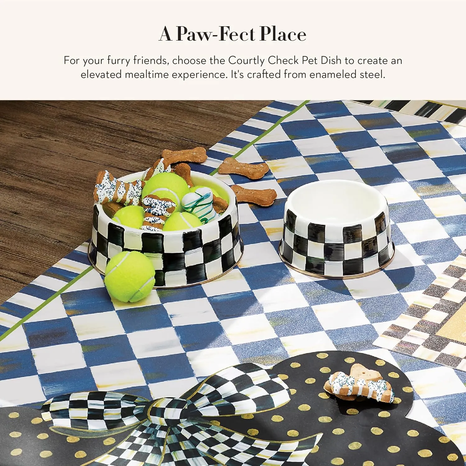 MACKENZIE-CHILDS Pet Bowl, Cute Cat and Dog Bowl for Food and Water, Black-and-White Courtly Check, Large