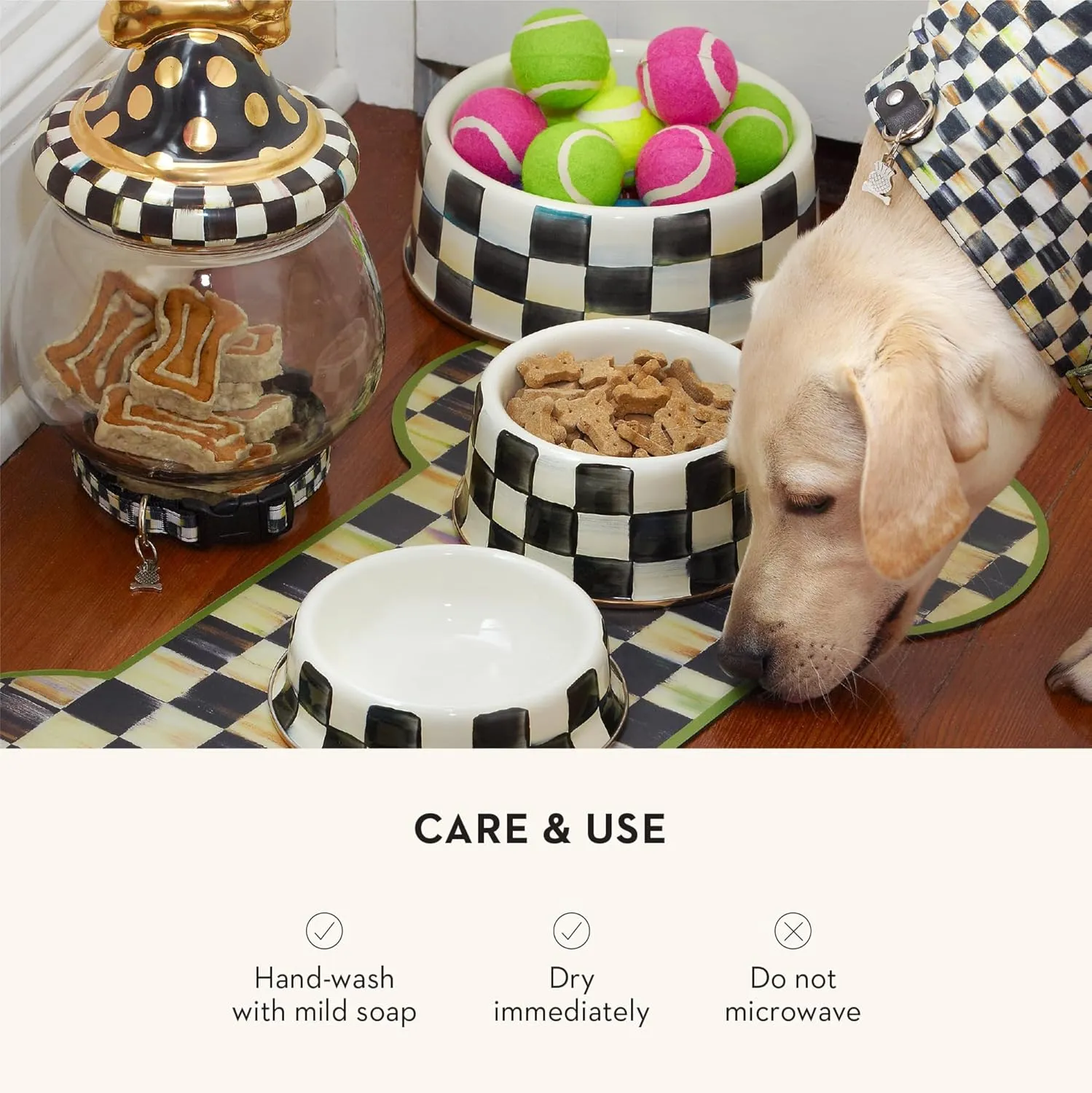 MACKENZIE-CHILDS Pet Bowl, Cute Cat and Dog Bowl for Food and Water, Black-and-White Courtly Check, Large