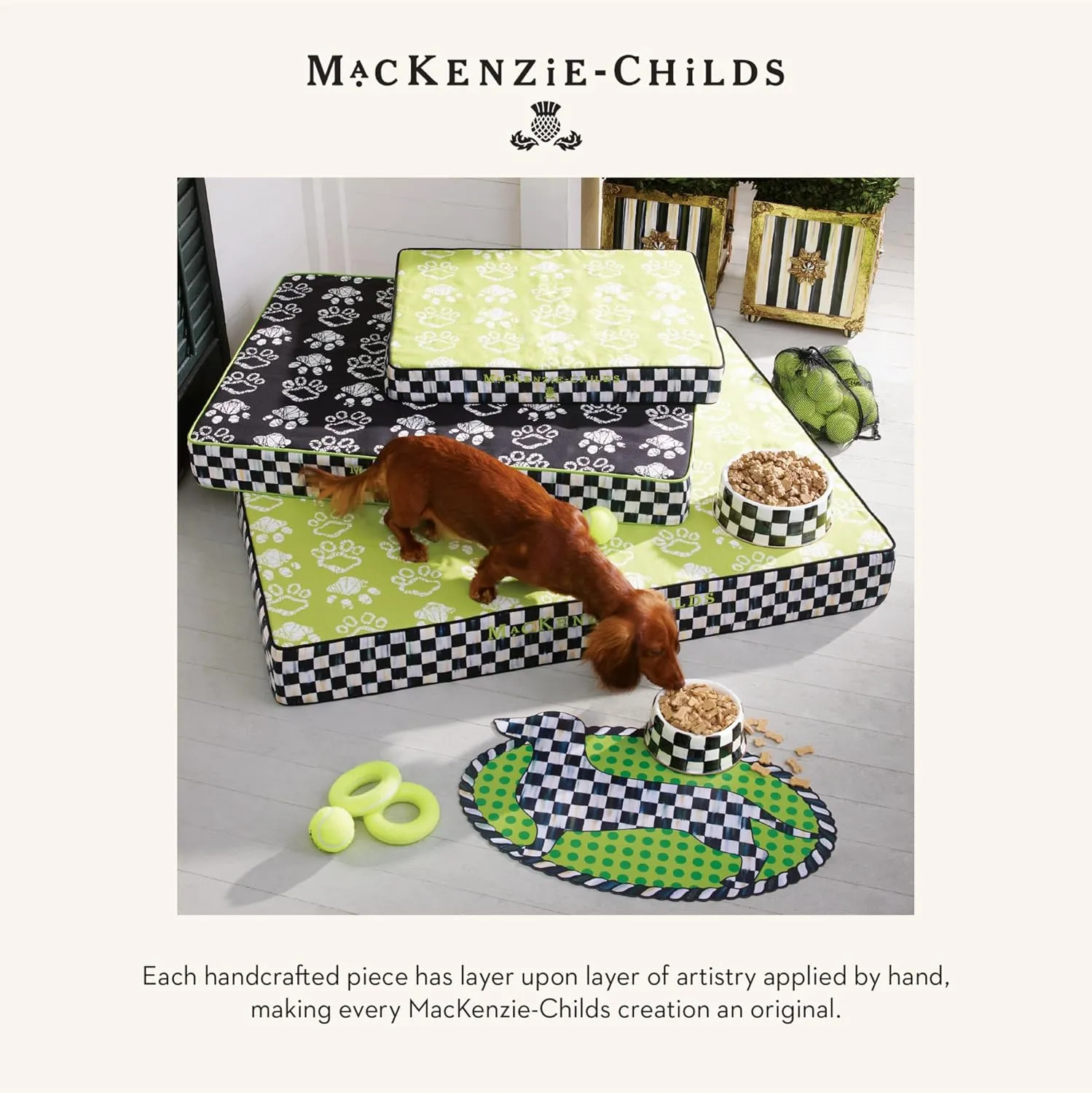 MACKENZIE-CHILDS Pet Bowl, Cute Cat and Dog Bowl for Food and Water, Black-and-White Courtly Check, Large