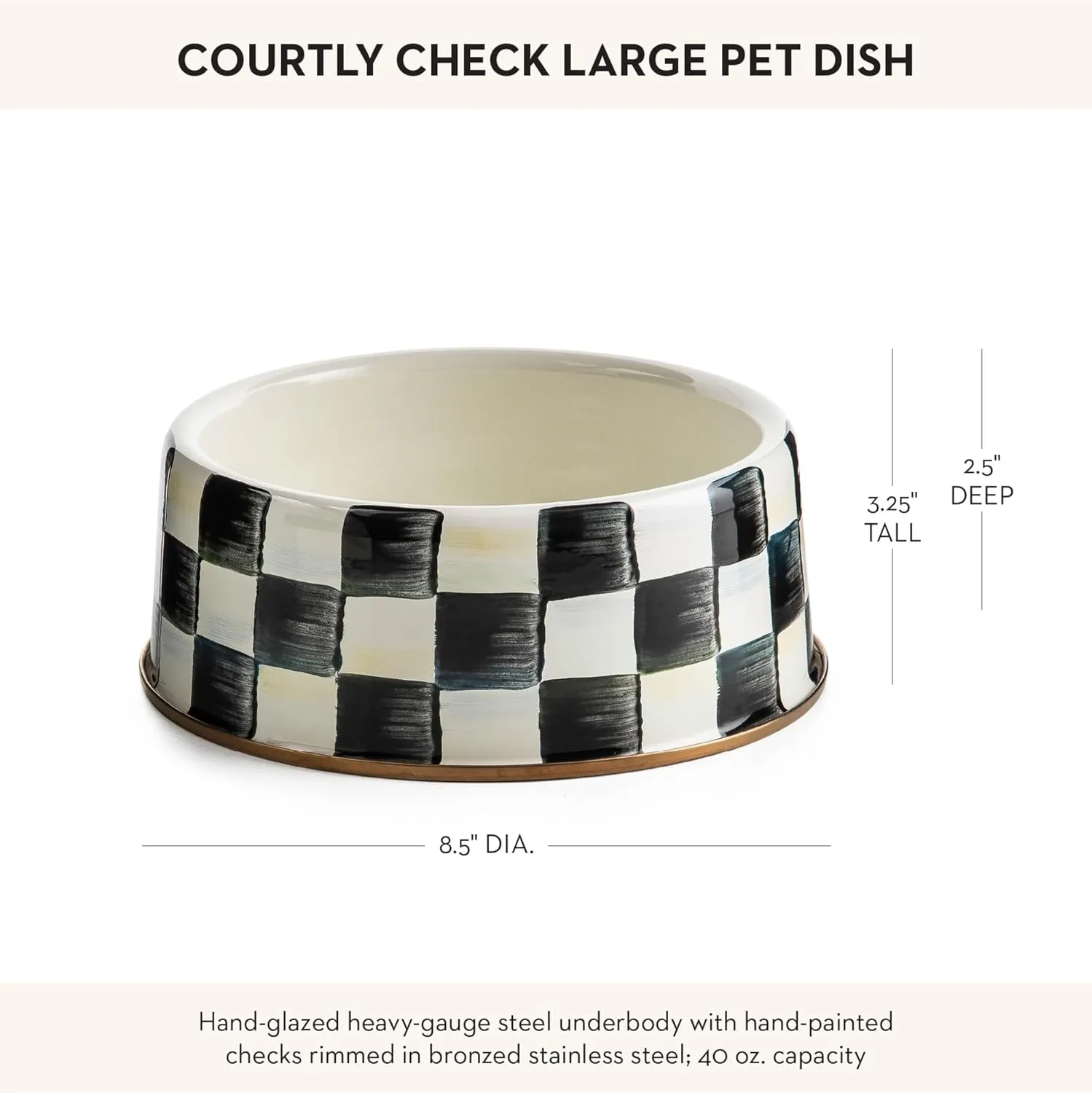 MACKENZIE-CHILDS Pet Bowl, Cute Cat and Dog Bowl for Food and Water, Black-and-White Courtly Check, Large