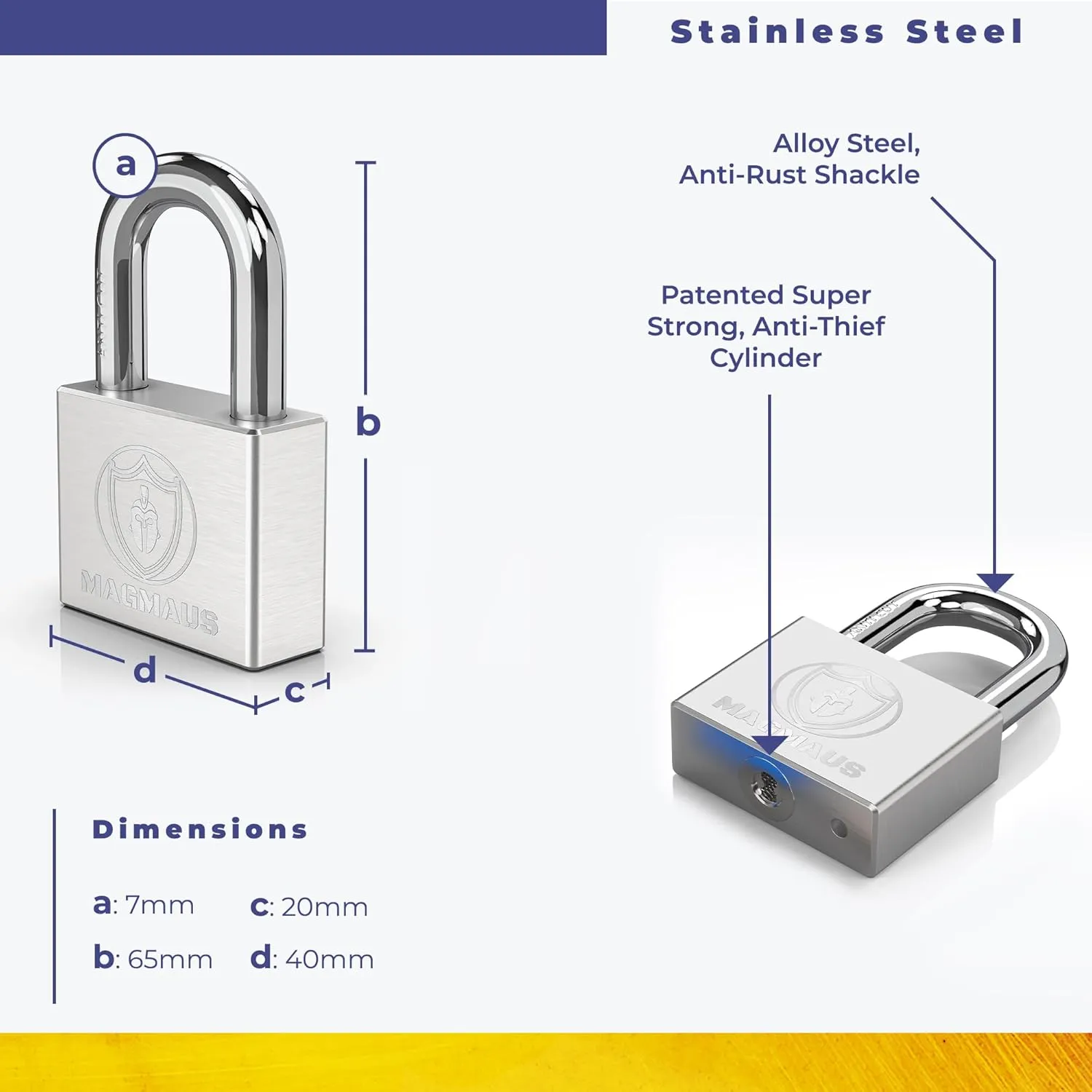 Magmaus® PD2/40 Heavy Duty Lock with 12 Keys - [Stainless Steel] Weatherproof Padlock for Outdoor Use - Ideal for Storage Unit, Shipping Container, Gate