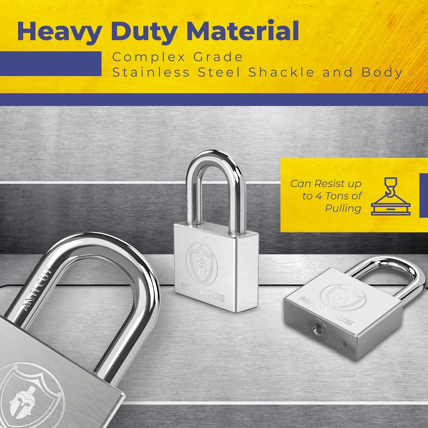 Magmaus® PD2/40 Heavy Duty Lock with 12 Keys - [Stainless Steel] Weatherproof Padlock for Outdoor Use - Ideal for Storage Unit, Shipping Container, Gate