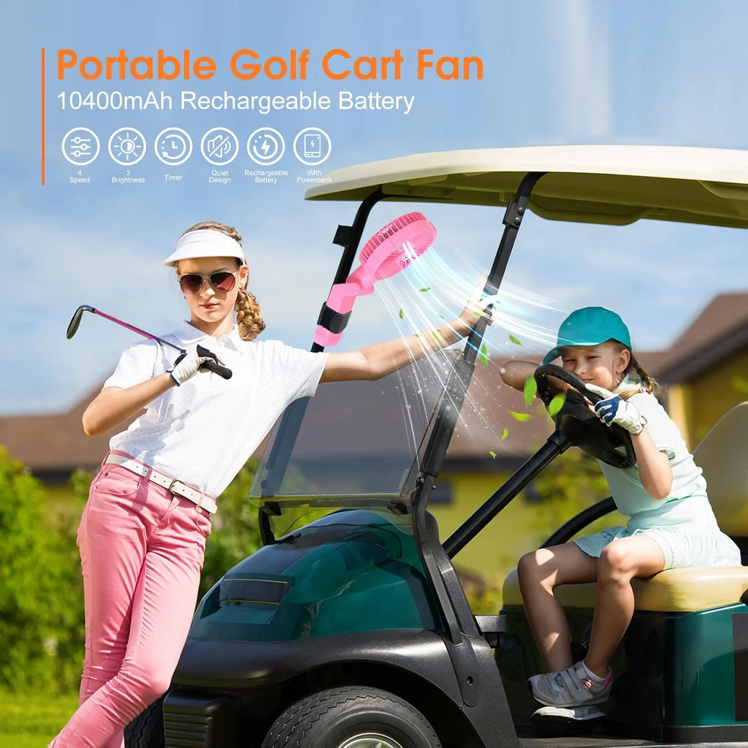 Magnetic Golf Cart Fan Rechargeable Battery Powered Fan - 10400mAh Worksite Portable Outdoor Camping Fans 180°Rotation,Led Lantern With Strap,Suitable for EZGO Club Car Yamaha