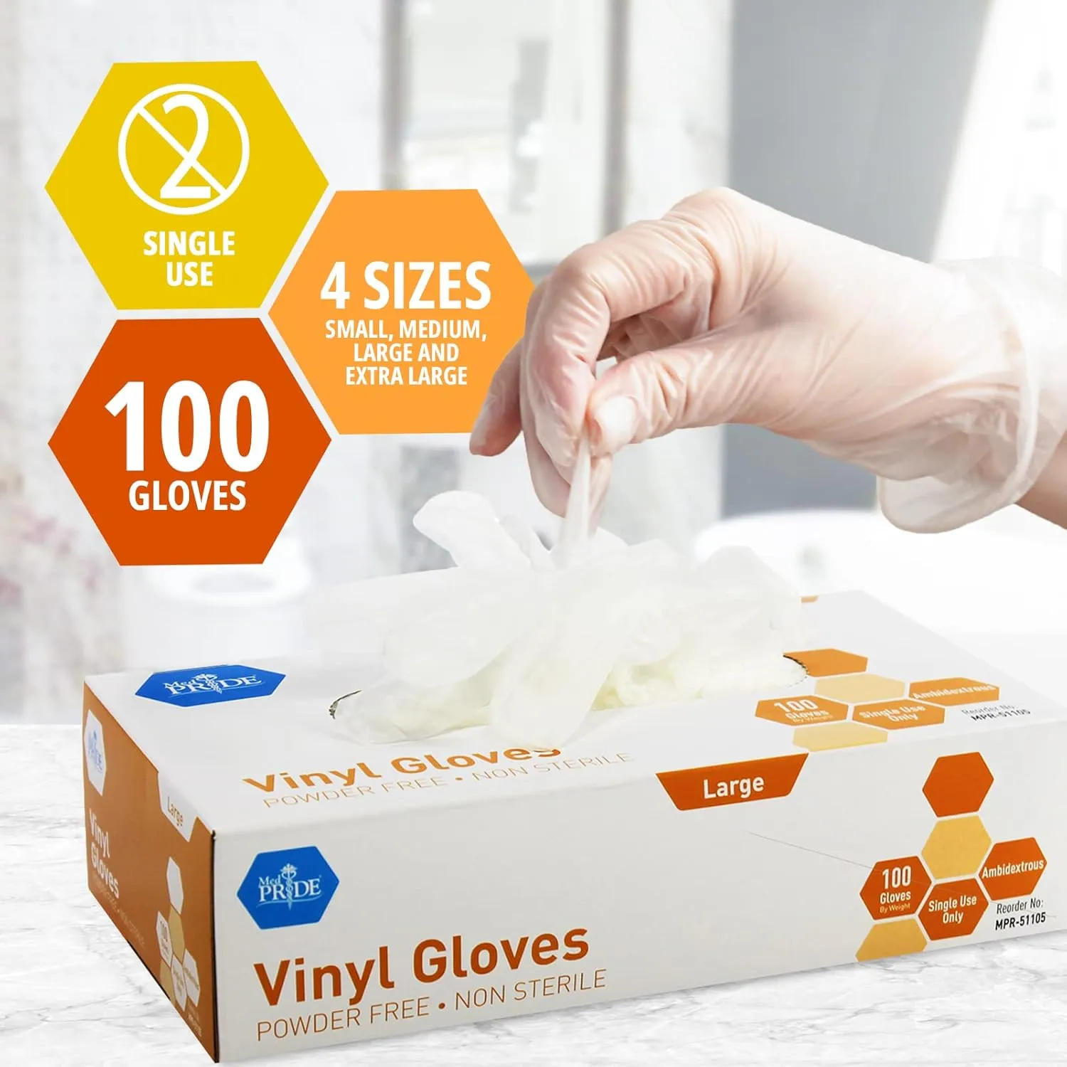 Med PRIDE Vinyl Gloves| 4.3 mil Thick, Powder-Free, Non-Sterile, Heavy Duty Disposable Gloves| Medical, Food Hand