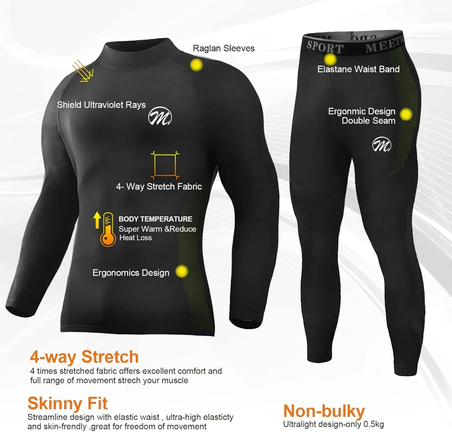MEETWEE Men's Thermal Underwear Set, Winter Ski Gear Fleece Lined Long Johns Base Layer Warm Top & Bottom for Skiing Black