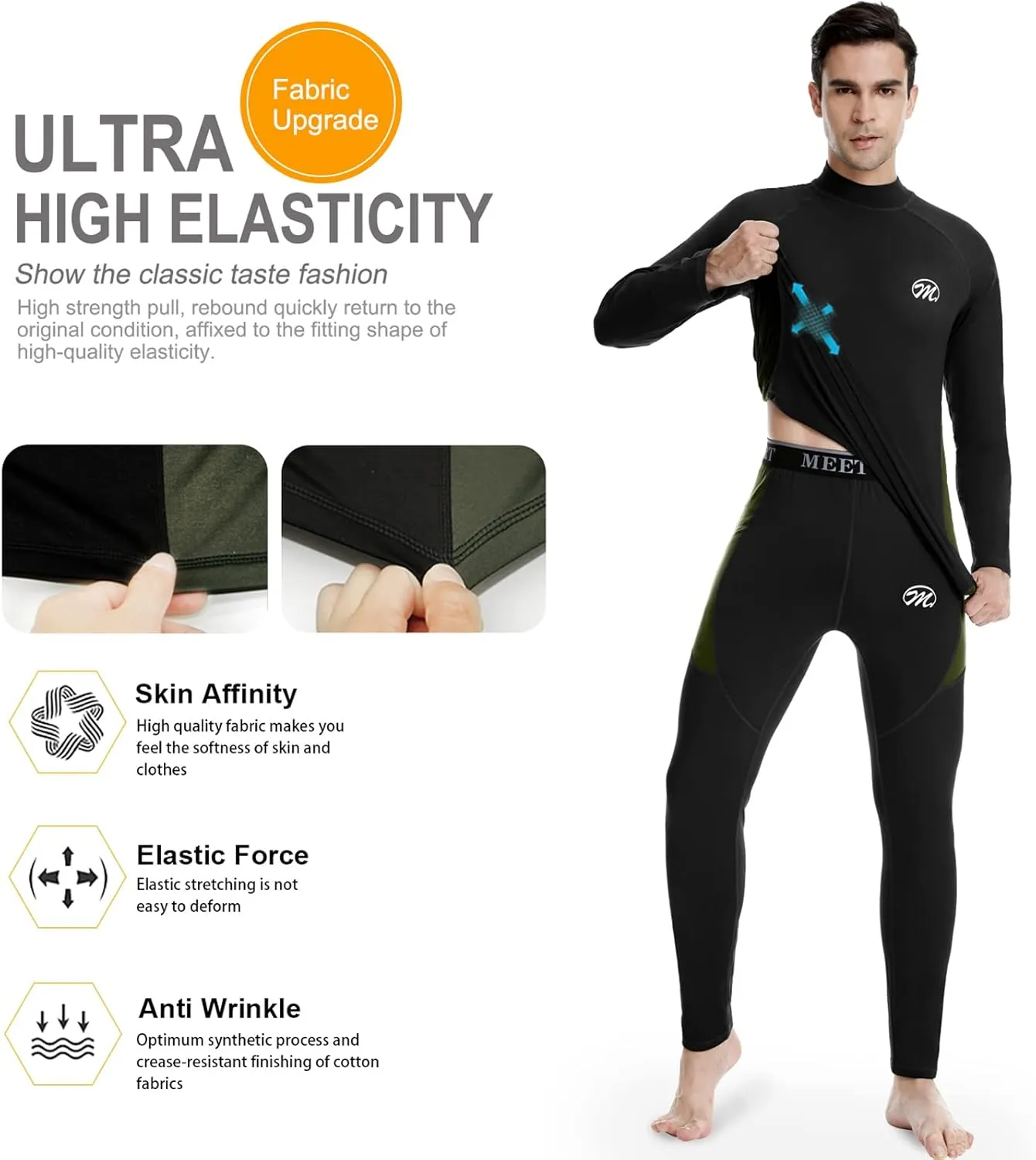 MEETWEE Men's Thermal Underwear Set, Winter Ski Gear Fleece Lined Long Johns Base Layer Warm Top & Bottom for Skiing Black
