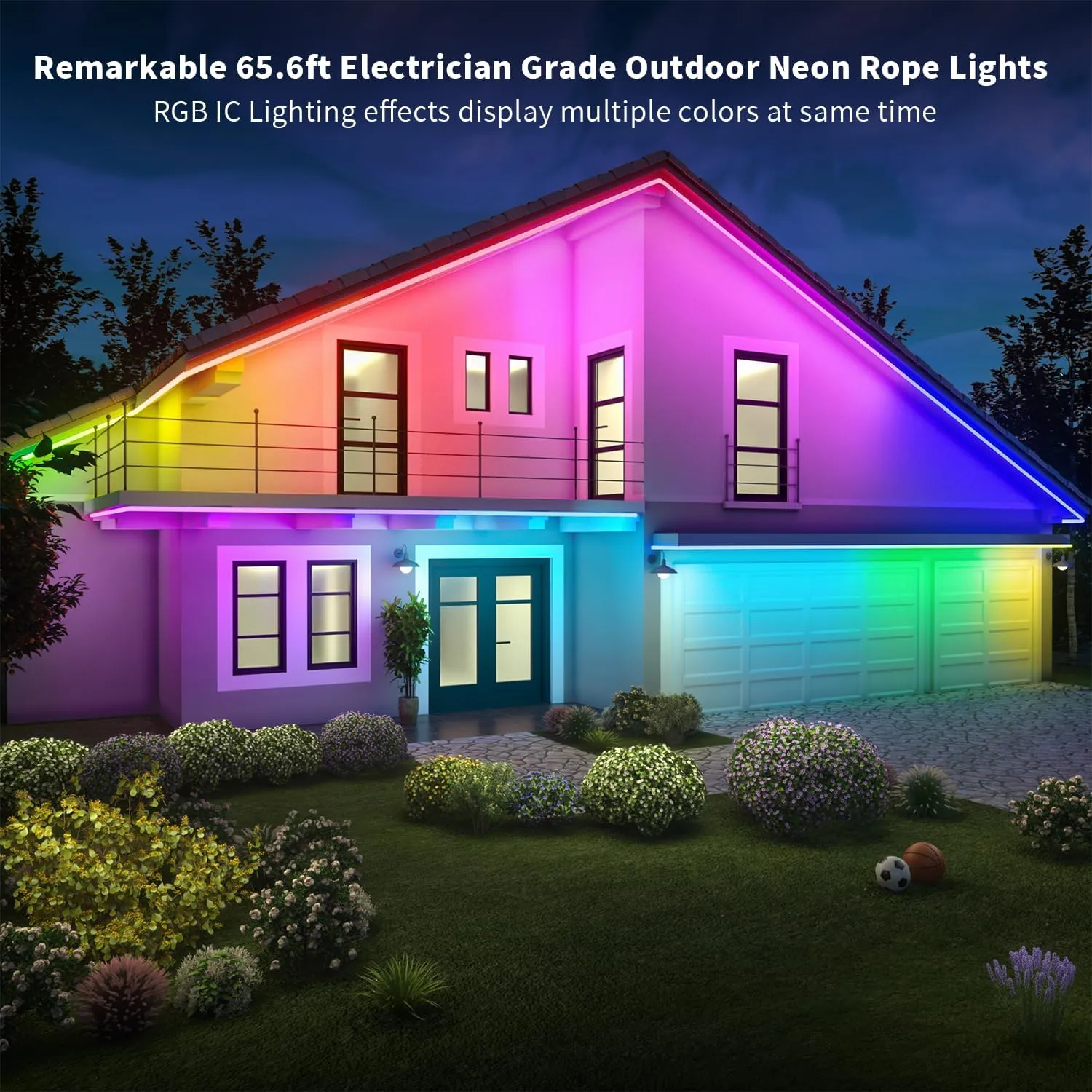 MEIYING Outdoor Neon Rope Lights,65.6ft RGB-IC IP67 Waterproof LED Rope Lights APP Control Remote,Music Sync,84LEDs/m,Outdoor Neon LED Strip Lights for Halloween Pool Deck Yards Eave Decoration