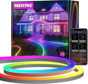 MEIYING Outdoor Neon Rope Lights,65.6ft RGB-IC IP67 Waterproof LED Rope Lights APP Control Remote,Music Sync,84LEDs/m,Outdoor Neon LED Strip Lights for Halloween Pool Deck Yards Eave Decoration