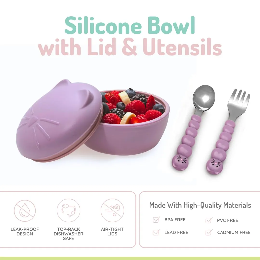 melii Silicone Bowl with Lid and Stainless Steel Utensils – BPA-Free, Leakproof Food Storage for Babies, Toddlers and Kids – 11.8 oz / 350 ml Snack Container – Dishwasher and Microwave Safe - Cat