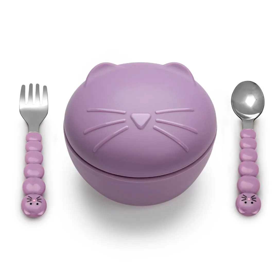 melii Silicone Bowl with Lid and Stainless Steel Utensils – BPA-Free, Leakproof Food Storage for Babies, Toddlers and Kids – 11.8 oz / 350 ml Snack Container – Dishwasher and Microwave Safe - Cat