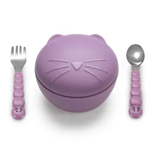 melii Silicone Bowl with Lid and Stainless Steel Utensils – BPA-Free, Leakproof Food Storage for Babies, Toddlers and Kids – 11.8 oz / 350 ml Snack Container – Dishwasher and Microwave Safe - Cat