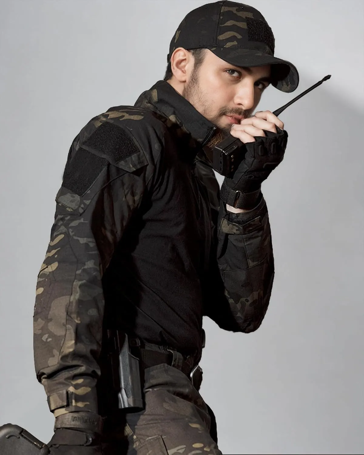 Men's Camo Tactical Combat Shirt, Lightweight Long Sleeve Military BDU Shirts Paintball Airsoft Top with Zipper