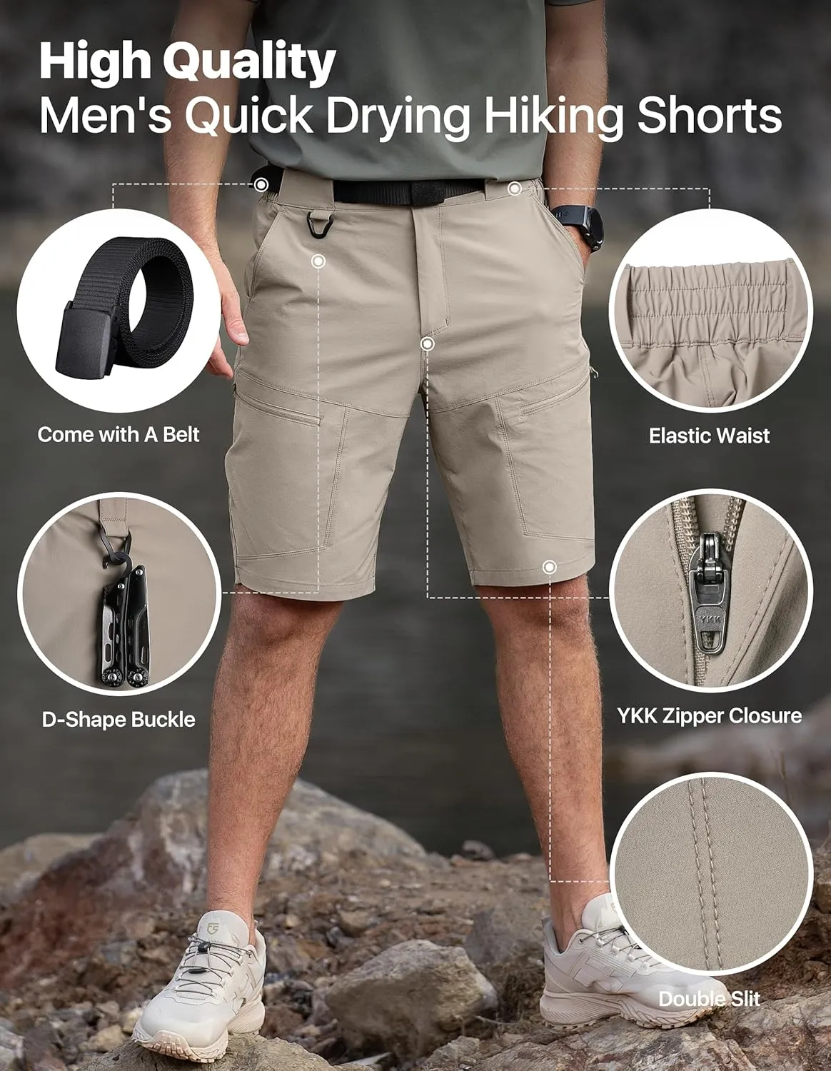 Mens Hiking Shorts Water Resistant Quick Dry Lightweight Breathable Cargo Shorts with Zipper Pockets & Belt