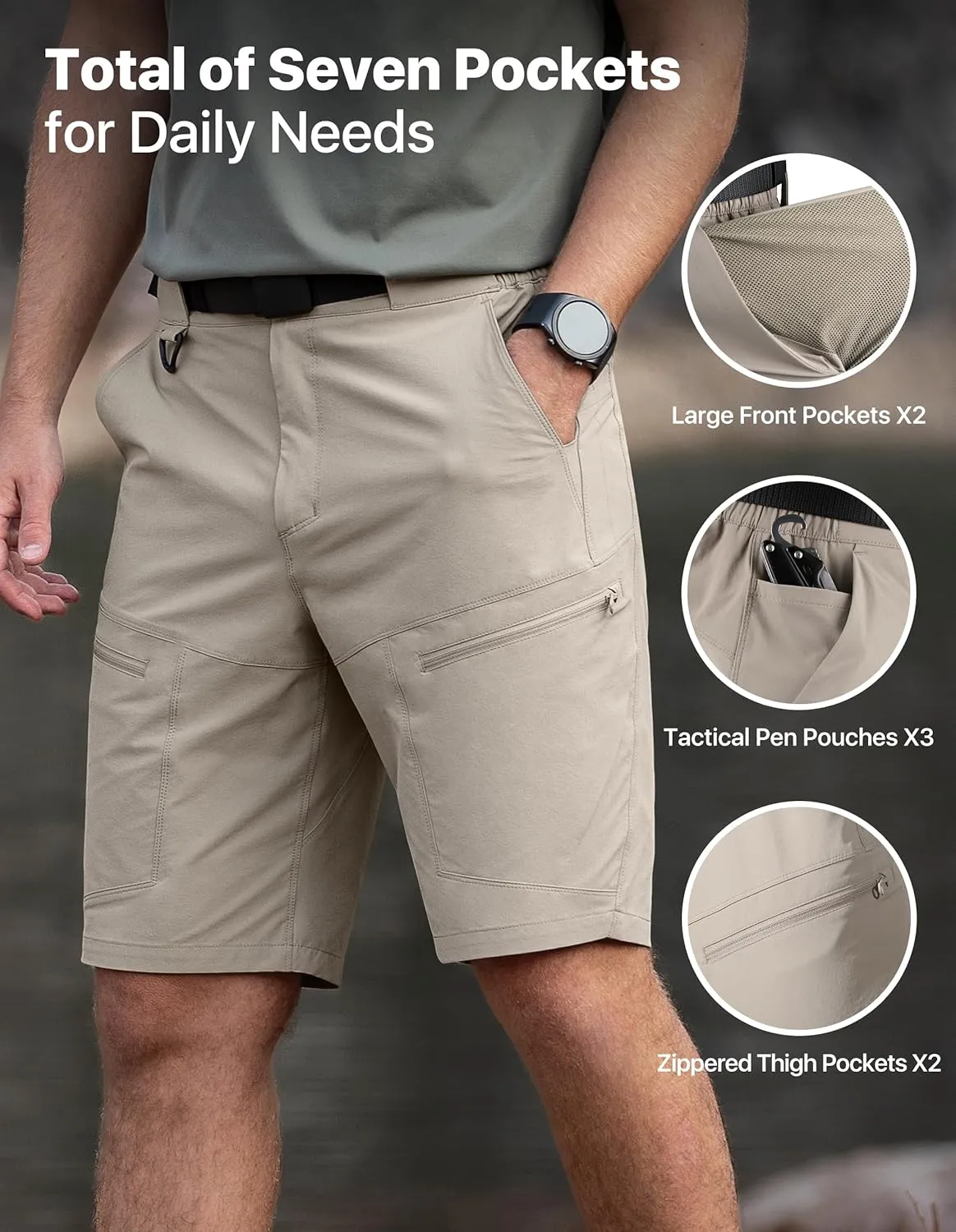 Mens Hiking Shorts Water Resistant Quick Dry Lightweight Breathable Cargo Shorts with Zipper Pockets & Belt