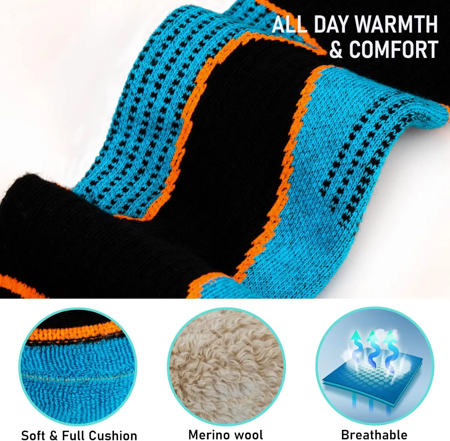 Merino Wool Ski Socks 2 Pairs, Thermal Knee High Warm Socks for Snowboarding, Hiking, Cold Weather, Snow, Hunting