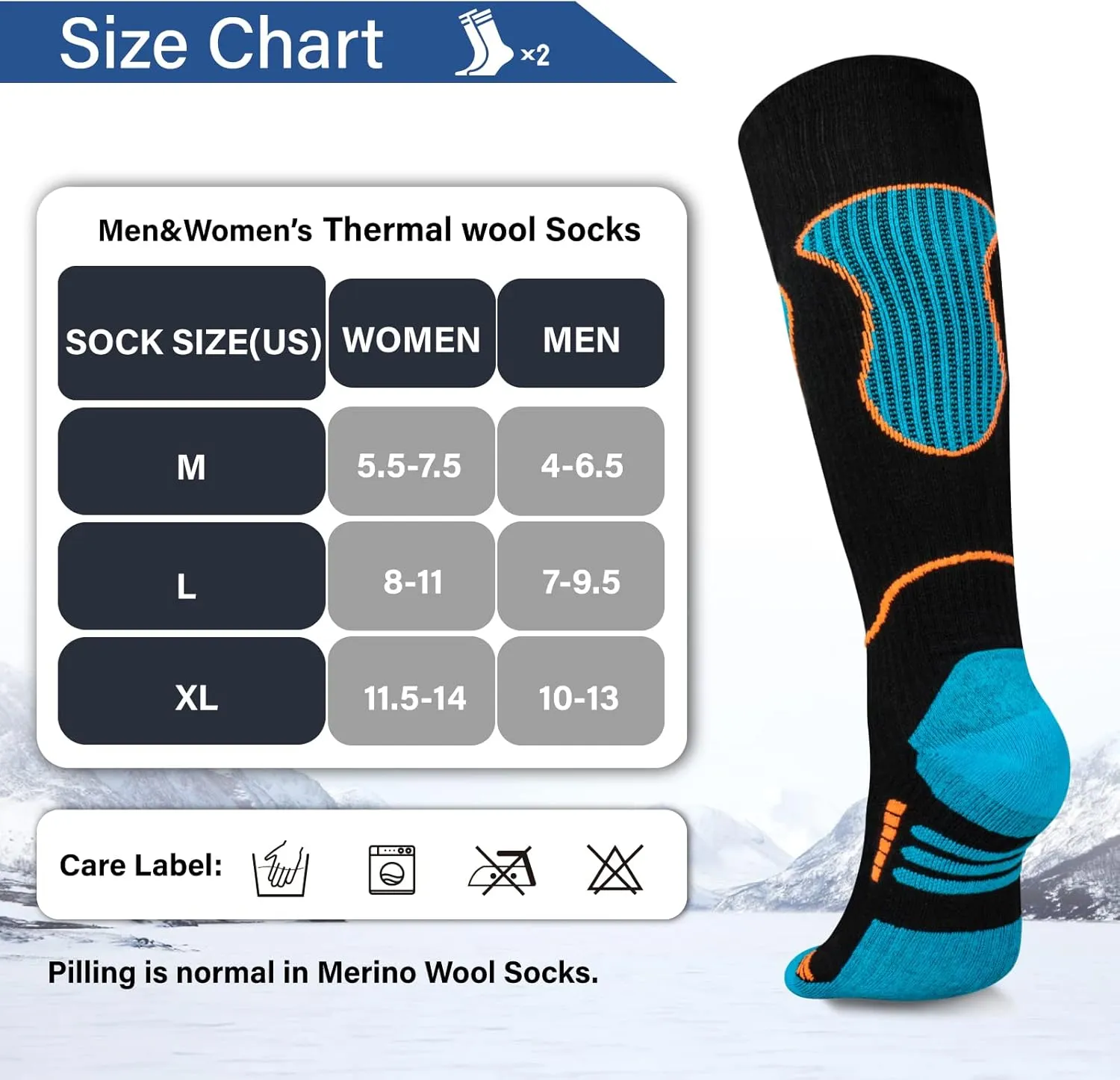 Merino Wool Ski Socks 2 Pairs, Thermal Knee High Warm Socks for Snowboarding, Hiking, Cold Weather, Snow, Hunting