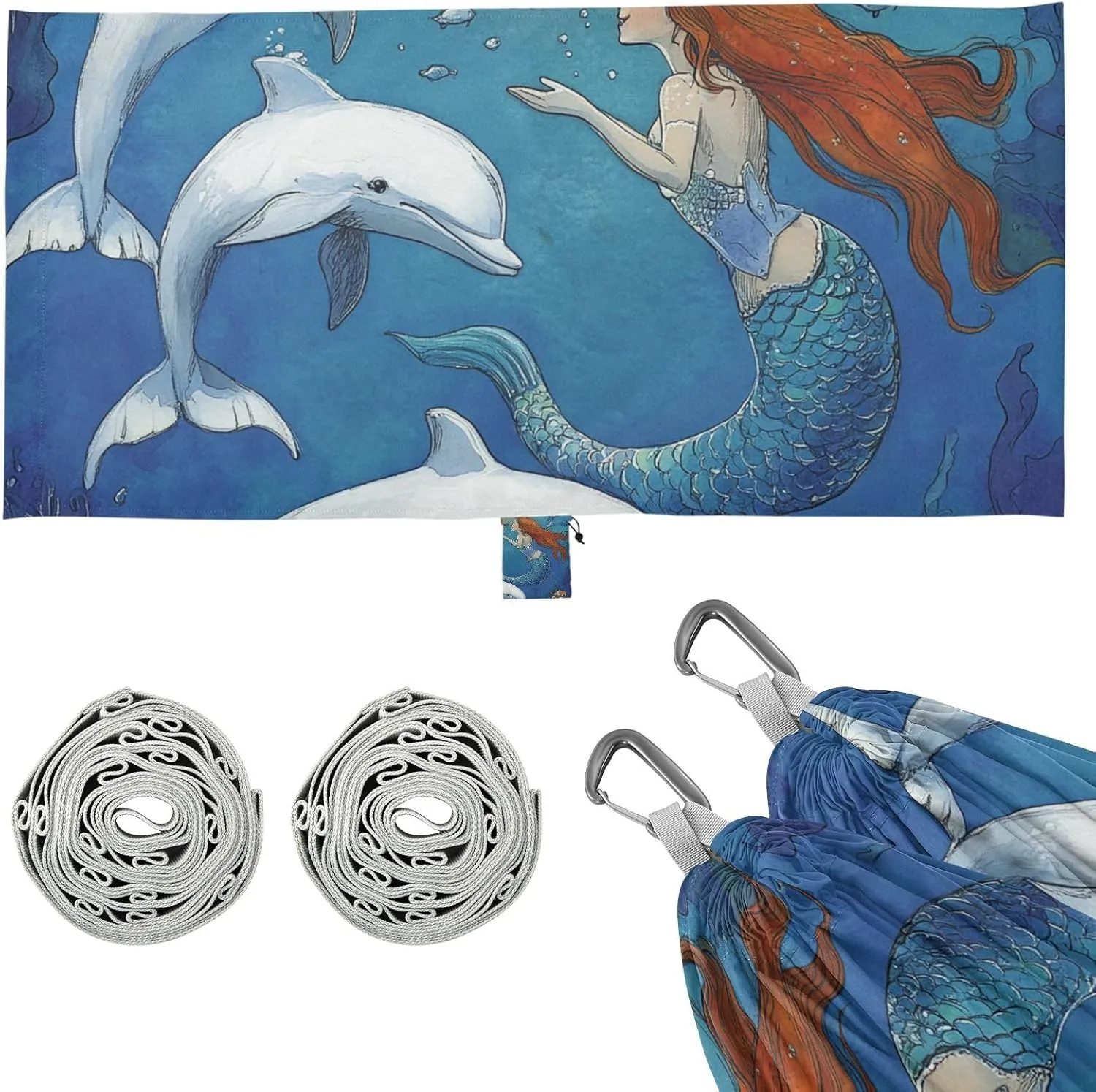 Mermaid Dolphins Underwater Camping Hammocks with Hanging Rope Portable Hammock for Outside Beach Patio Garden