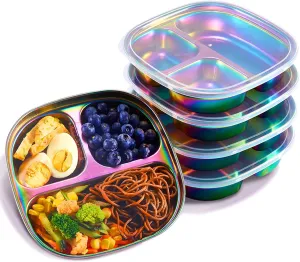MIMORE Stainless Steel Kids Plates - 5 Pack Toddler Plates with Lids - Non Toxic & Divided