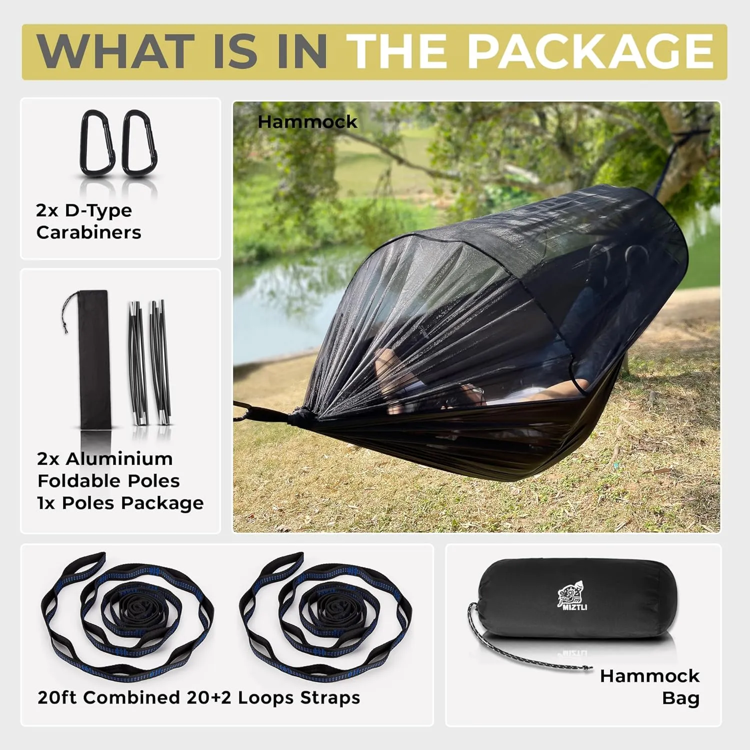 Miztli Camping Hammock -Portable Hammock w/Spacious Net & Tree Straps w/Adjutable Loops,Double and Single Hammock for Outdoor, Hiking, and Travel