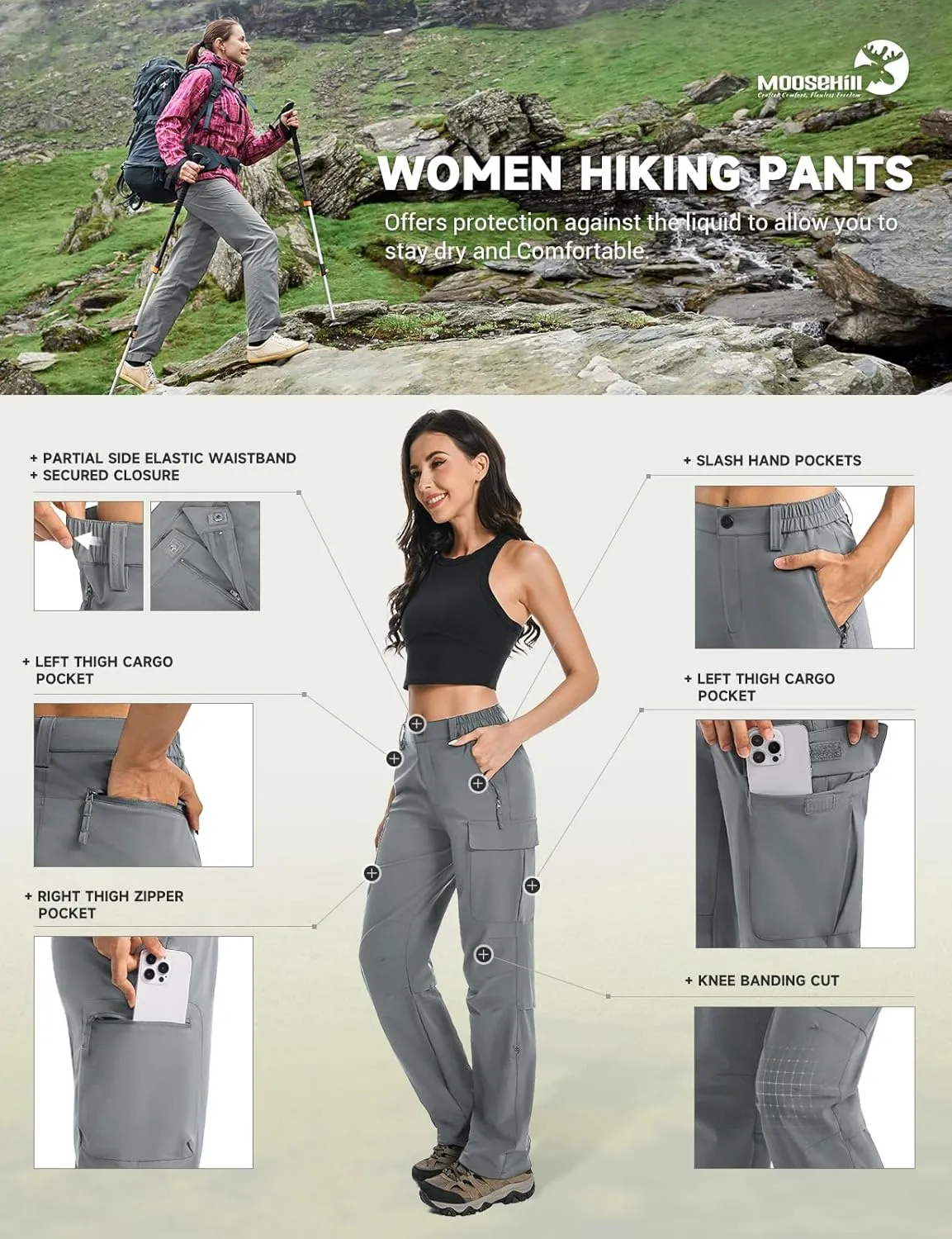 Moosehill Women's Hiking Pants Lightweight Quick Dry Water Resistant Cargo Travel Work Summer Pants for All Seasons