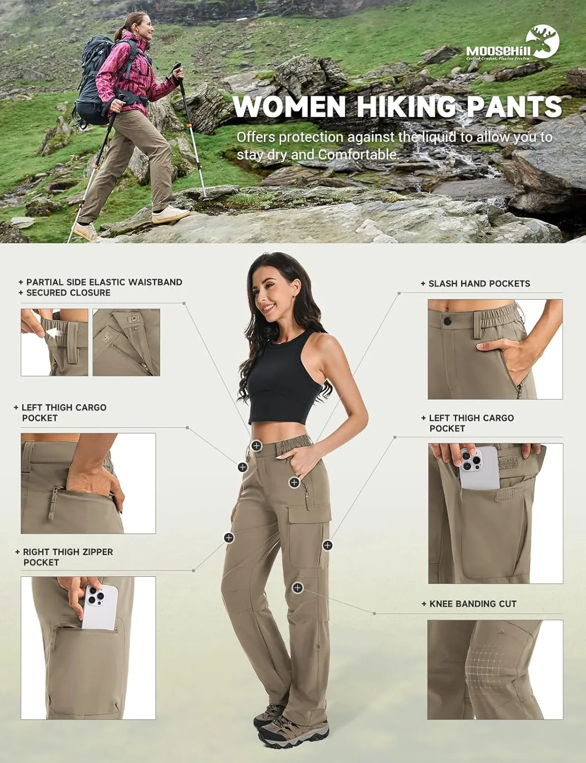Moosehill Women's Hiking Pants Lightweight Quick Dry Water Resistant Cargo Travel Work Summer Pants for All Seasons