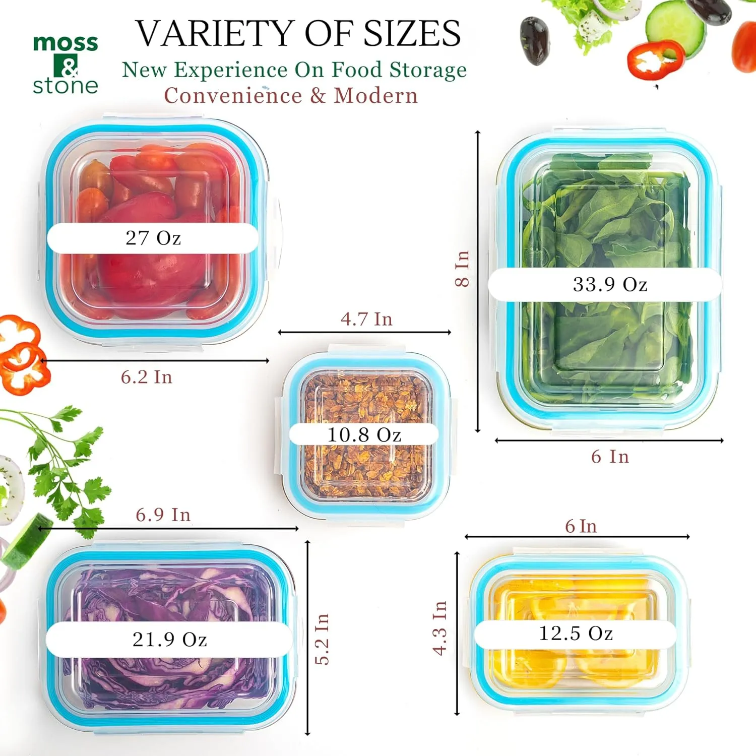 Moss & Stone Kitchen Glass Food Storage Containers Set with Lids 10 Pcs. Snapware Transparent Lids Leak Proof, Oven, Freezer, Microwave & Dishwasher Safe, Airtight Meal Prep Container Glass BPA-Free