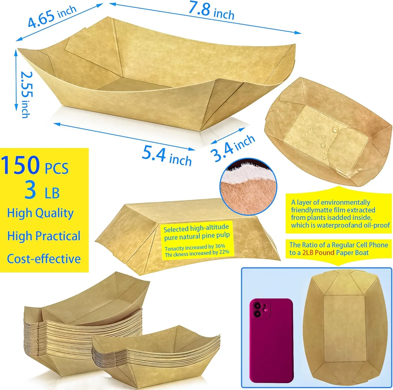 MotBach 150 Pack 3LB Paper Food Boat Trays Disposable Paper Boat Containers, Heavy Duty Large Kraft Boats, Food Serving Tray Boats Baskets for Snacks Popcorn Dessert Sandwich Burger Taco Fries Nacho