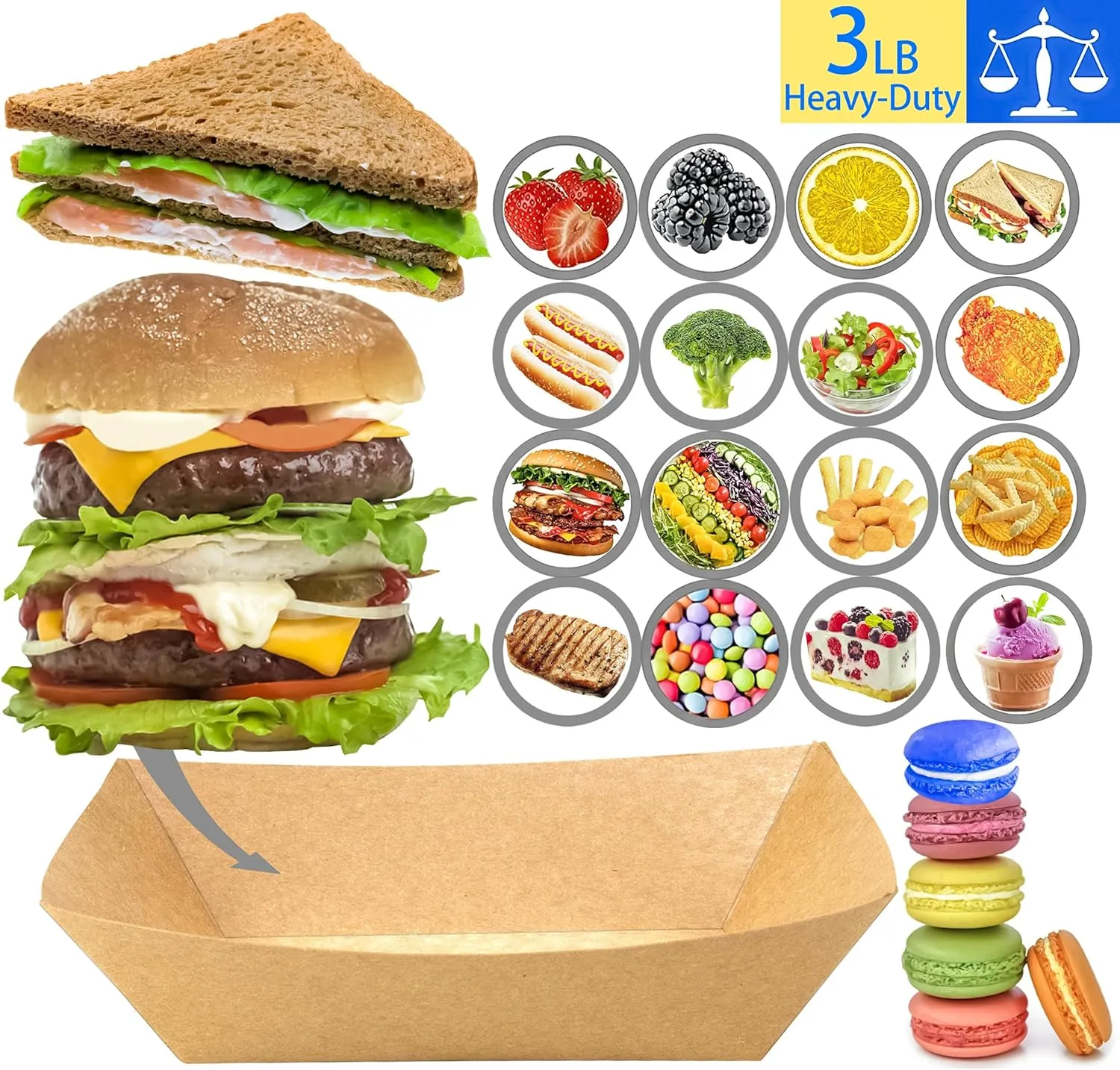 MotBach 150 Pack 3LB Paper Food Boat Trays Disposable Paper Boat Containers, Heavy Duty Large Kraft Boats, Food Serving Tray Boats Baskets for Snacks Popcorn Dessert Sandwich Burger Taco Fries Nacho
