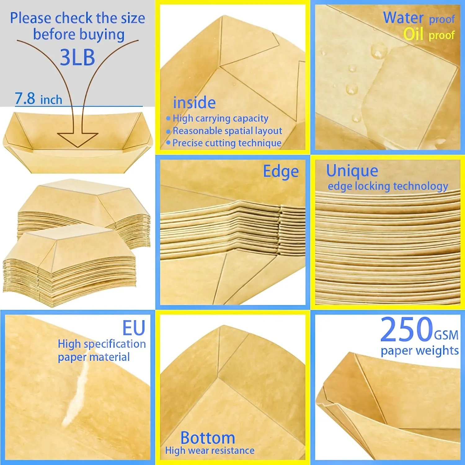 MotBach 150 Pack 3LB Paper Food Boat Trays Disposable Paper Boat Containers, Heavy Duty Large Kraft Boats, Food Serving Tray Boats Baskets for Snacks Popcorn Dessert Sandwich Burger Taco Fries Nacho