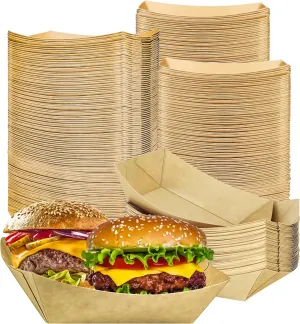 MotBach 150 Pack 3LB Paper Food Boat Trays Disposable Paper Boat Containers, Heavy Duty Large Kraft Boats, Food Serving Tray Boats Baskets for Snacks Popcorn Dessert Sandwich Burger Taco Fries Nacho